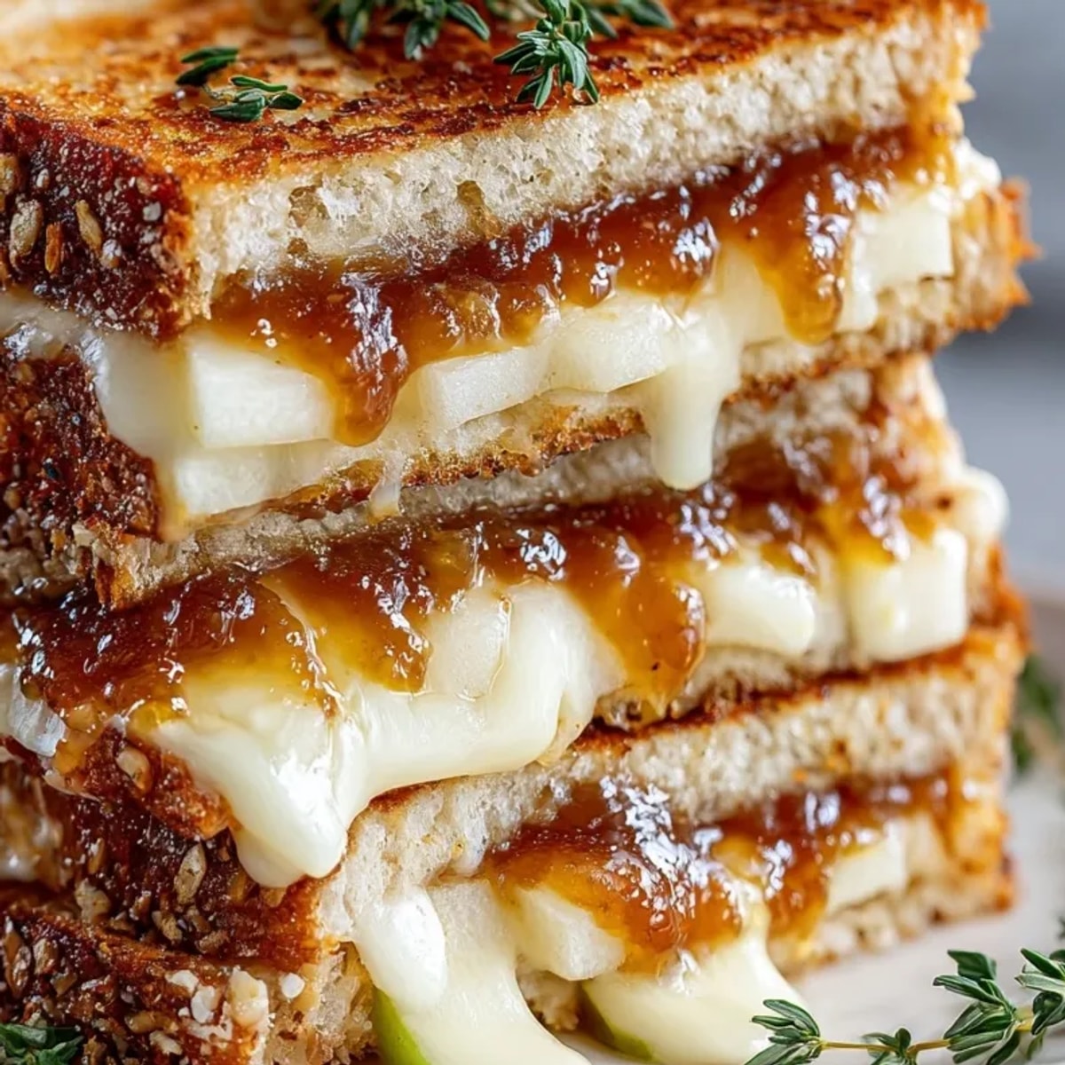 Golden Apple Butter Brie Grilled Cheese: melted Brie oozing between crisp sourdough bread.