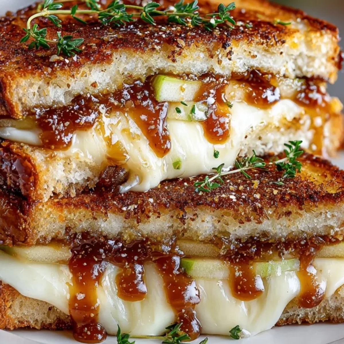 Warm, gooey Apple Butter Brie Grilled Cheese sandwich, sliced in half showing apple filling.