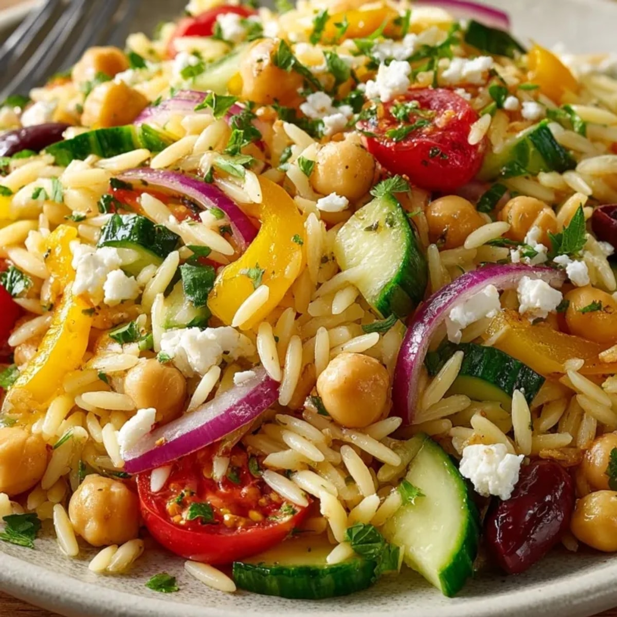 Freshly prepared Mediterranean Orzo with Chickpeas, ready to serve as a light lunch.