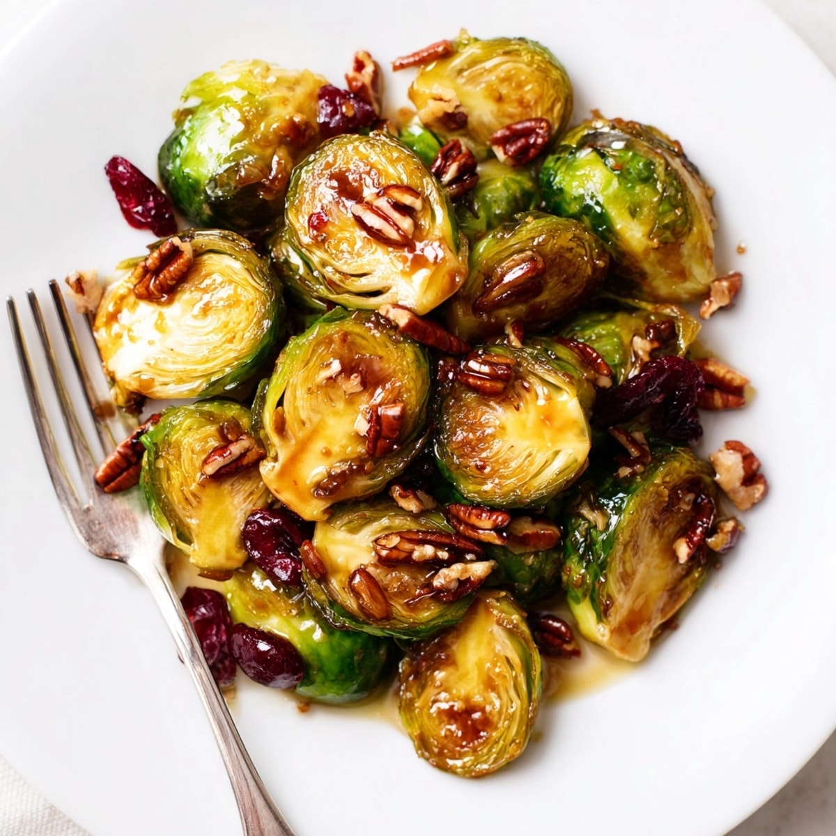 Sweet and tangy Maple Glazed Brussels Sprouts sizzling hot, ready for a comforting autumn meal.