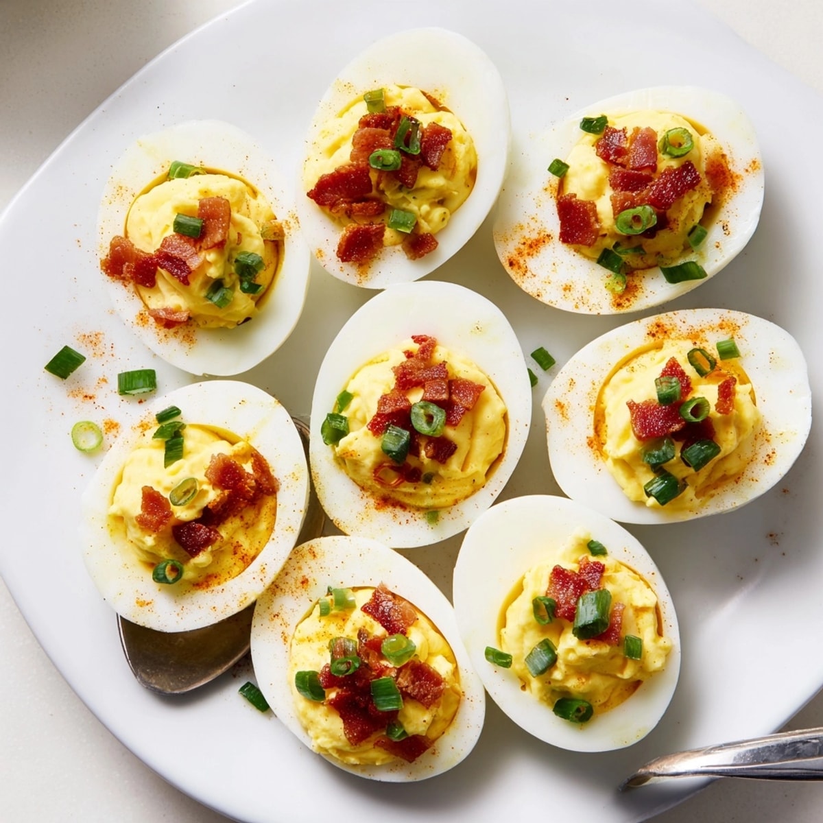 American recipe for Deviled Eggs with Bacon & Jalapeño, garnished with paprika and chives.