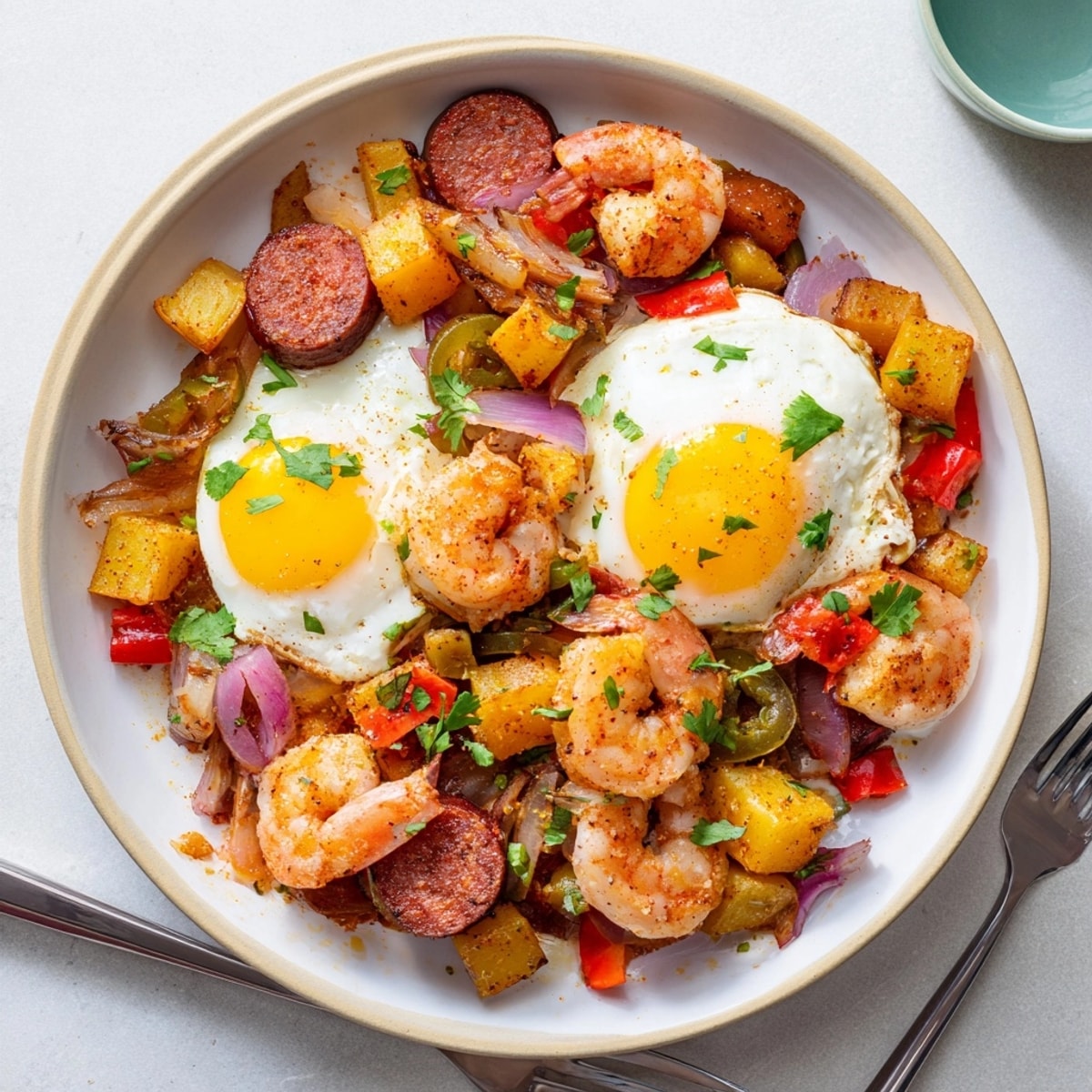Hearty rustic Shrimp Chorizo Breakfast Skillet, perfect for a weekend brunch served family-style.