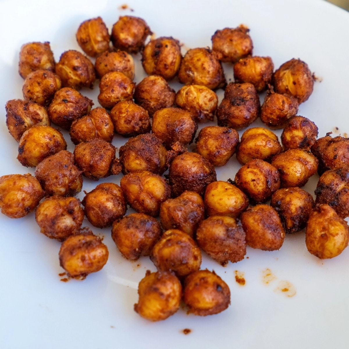 Golden, crispy Garlic BBQ Roasted Chickpeas fresh from the oven, ready for snacking.