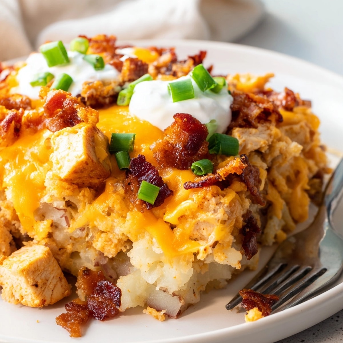 Comforting casserole of Cajun Chicken Loaded Potato Bake, ready for sharing with family.