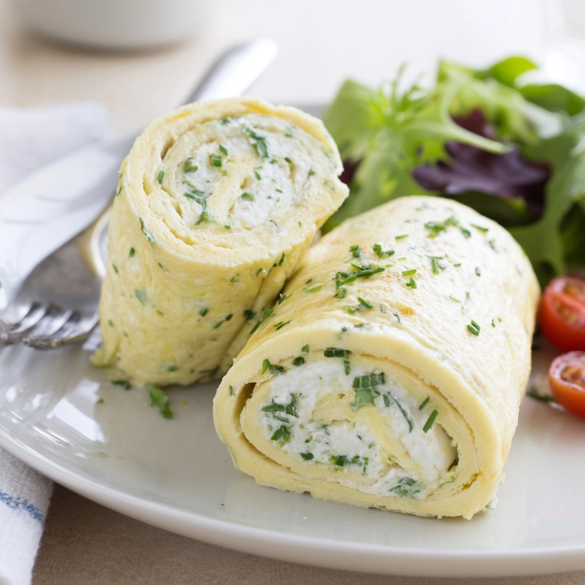 Close-up: golden Ricotta Herb Omelette Wrap, showcasing creamy filling, ready to serve.