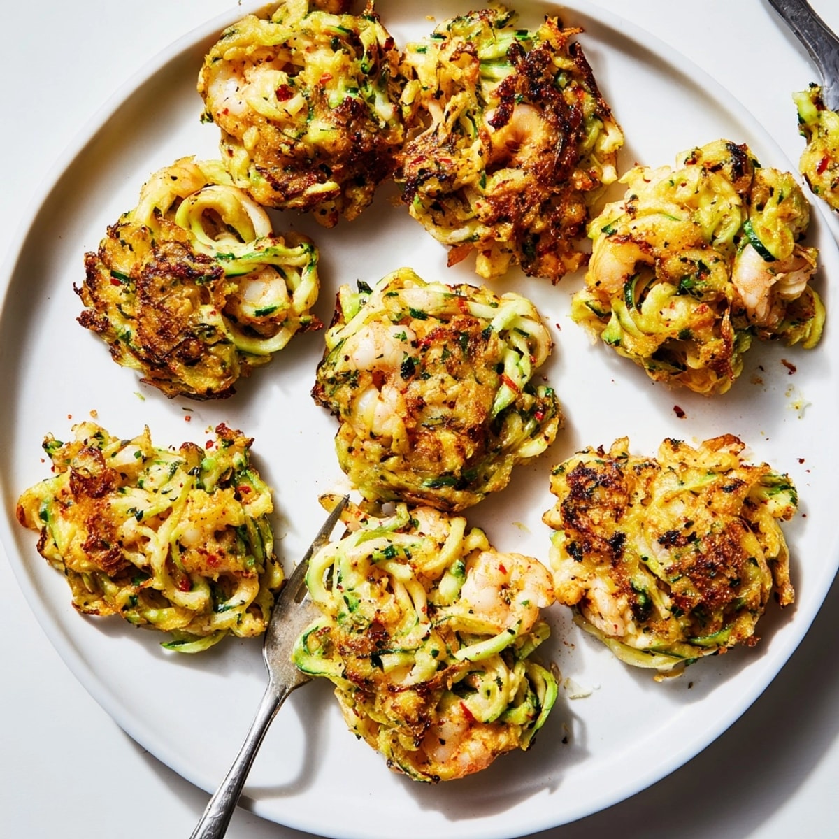 Homemade Shrimp & Ricotta Zoodle Fritters, a light, flavorful dish with zucchini and herbs.