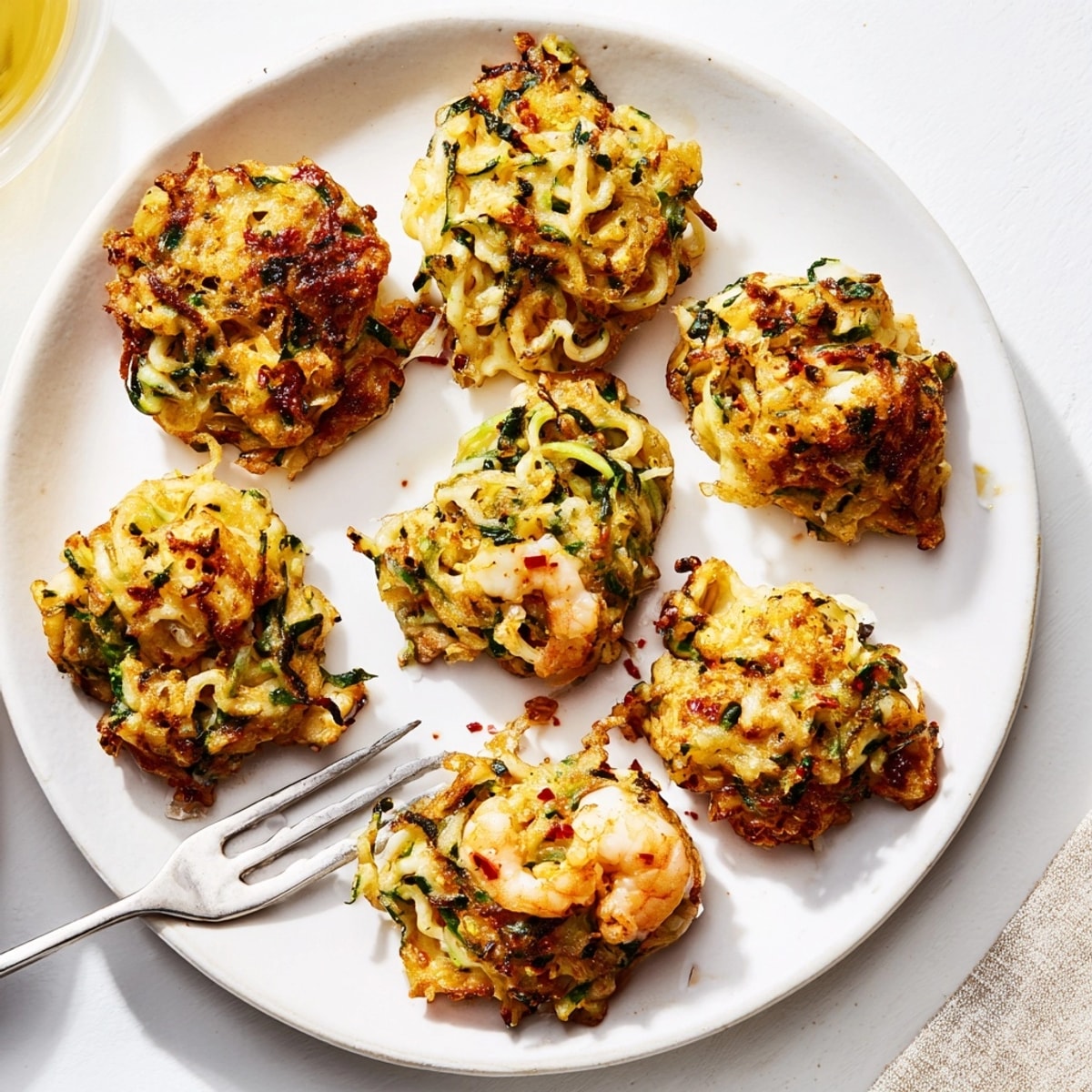 Enjoy savory Shrimp & Ricotta Zoodle Fritters warm, showcasing a satisfying low carb recipe.