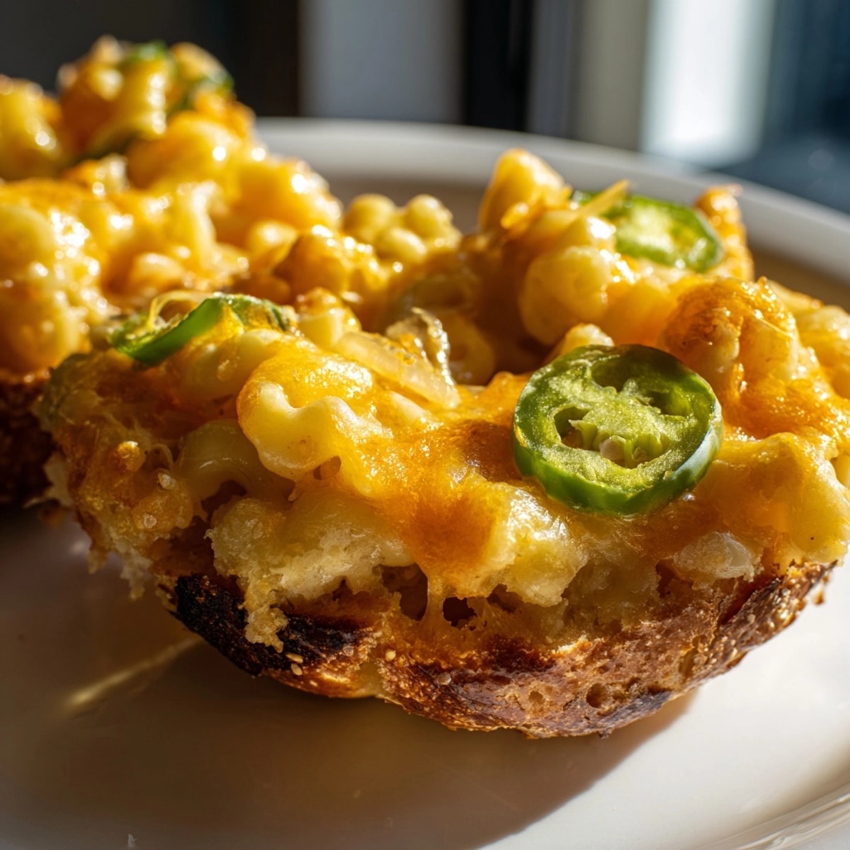 Warm, gooey Mac and Cheese Cheddar JalapeƱo Bagels, ready for a comforting snack.