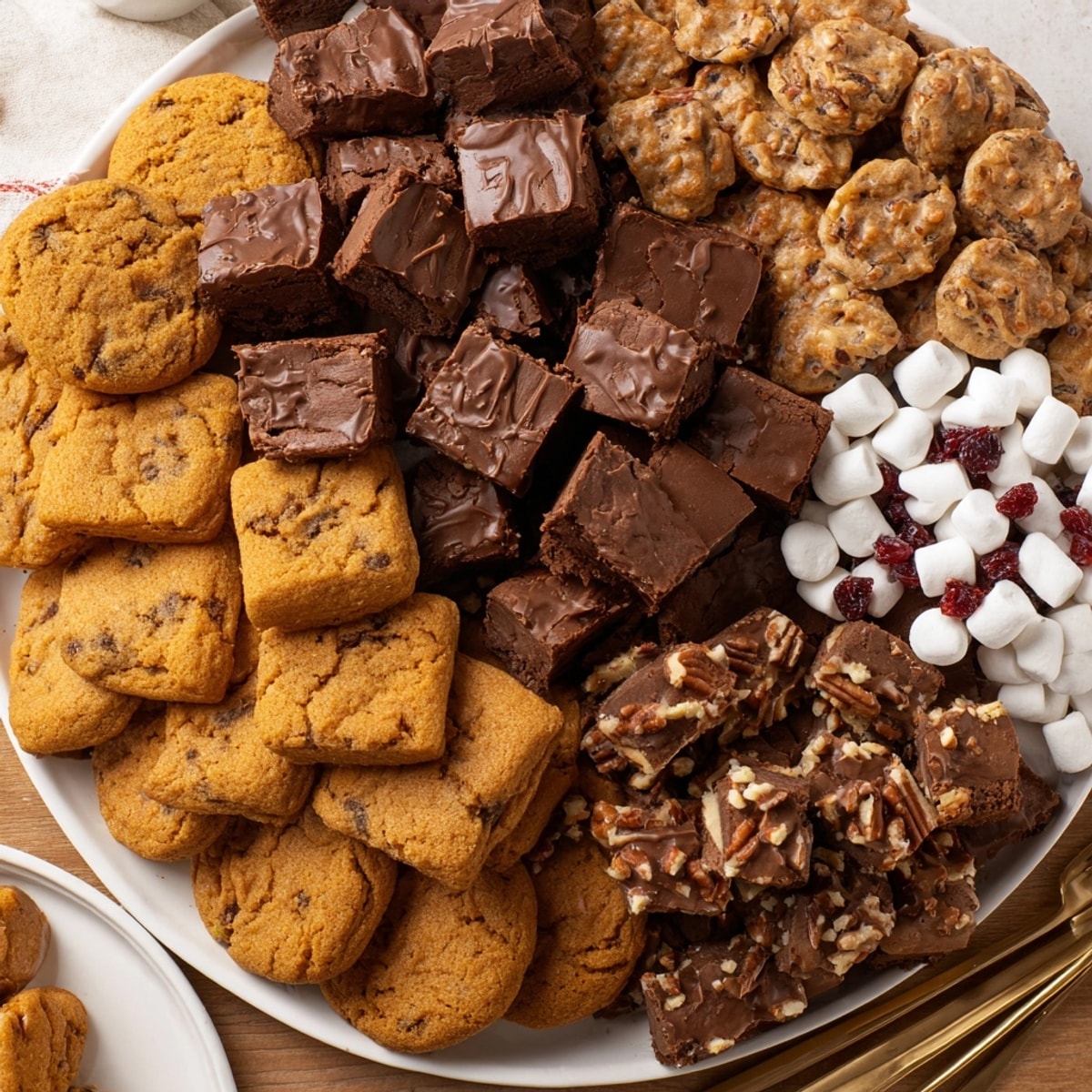 Festive Thanksgiving Fudge Cookie Tray with rich fudge, spice cookies, and pecans.