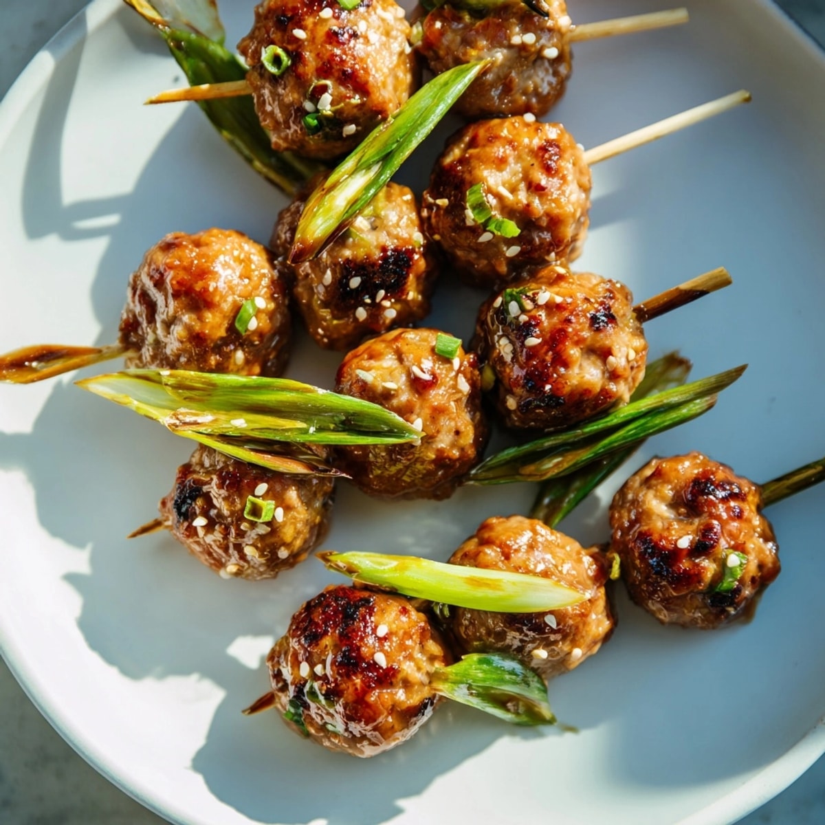 Close-up of flavorful Japanese Yakitori Meatball Skewers; a delightful Asian-inspired recipe for grilling.