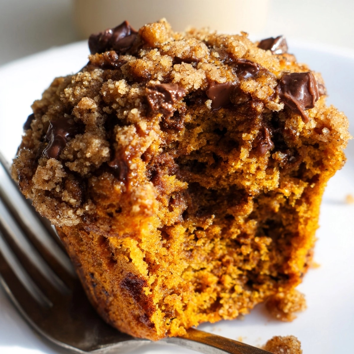 Golden Pumpkin Chocolate Chip Muffins with Spiced Streusel, fresh from the oven.