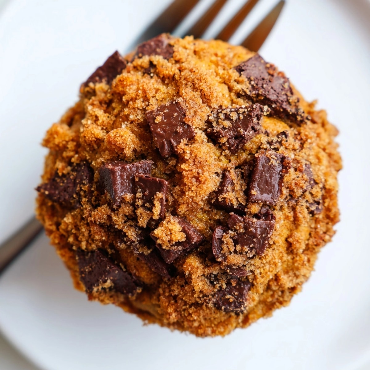 Warm, spiced Pumpkin Chocolate Chip Muffins streusel-topped and ready to serve with coffee.