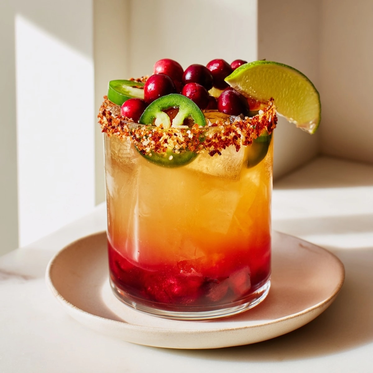 Festive Spicy Thanksgiving Mocktail Margarita: A colorful blend of citrus, cranberry, and jalapeño.