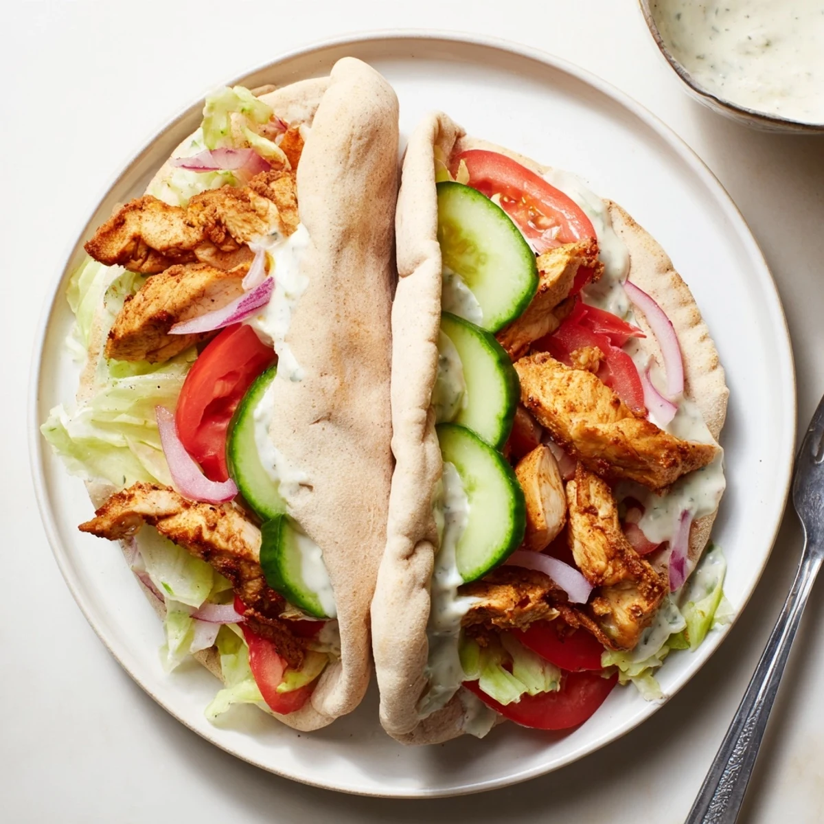 Juicy Garlic Ranch Chicken Pita Sandwich filled with crisp veggies and creamy sauce.