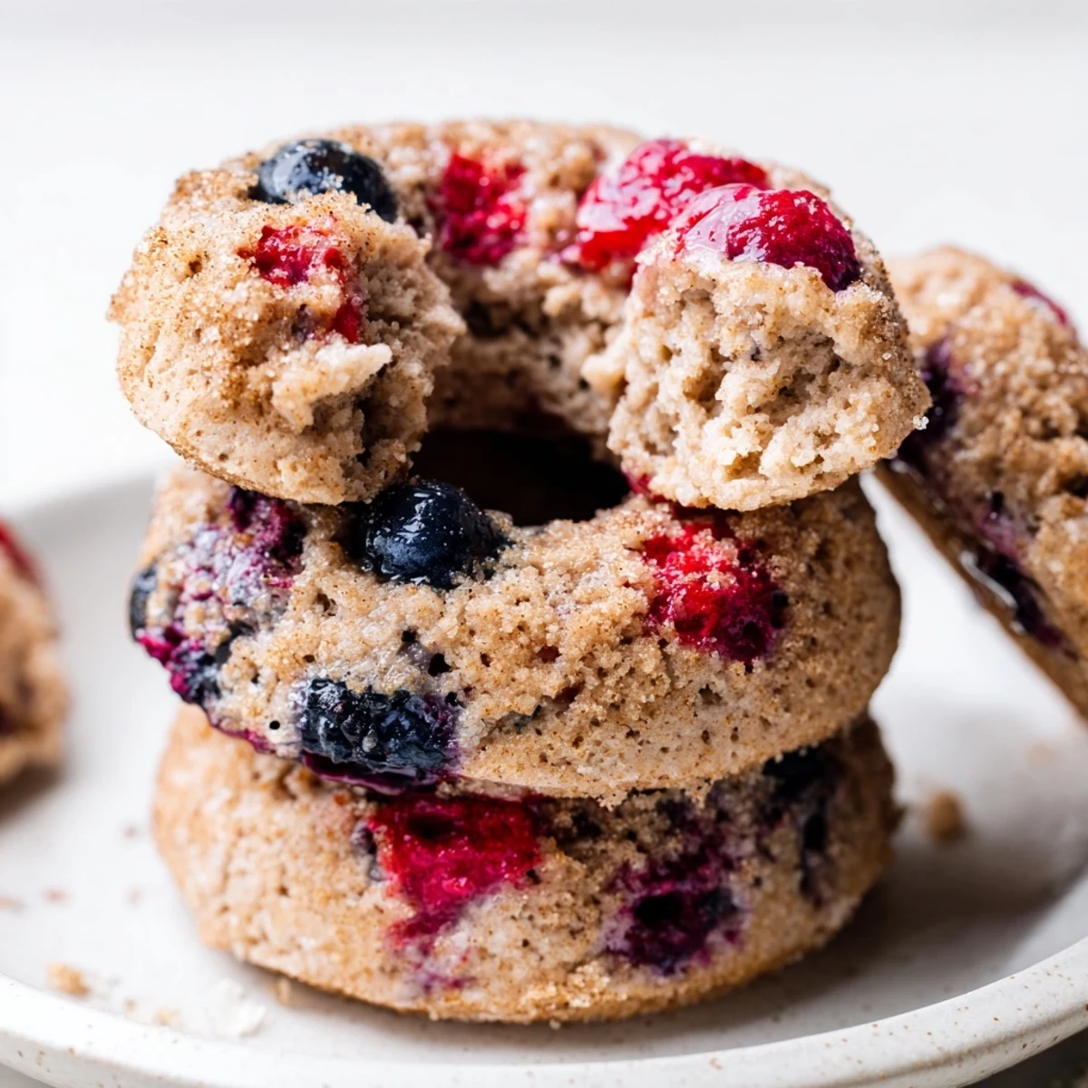 Soft Protein Cinnamon Berry Doughnuts topped with cinnamon sugar, perfect for breakfast treats.