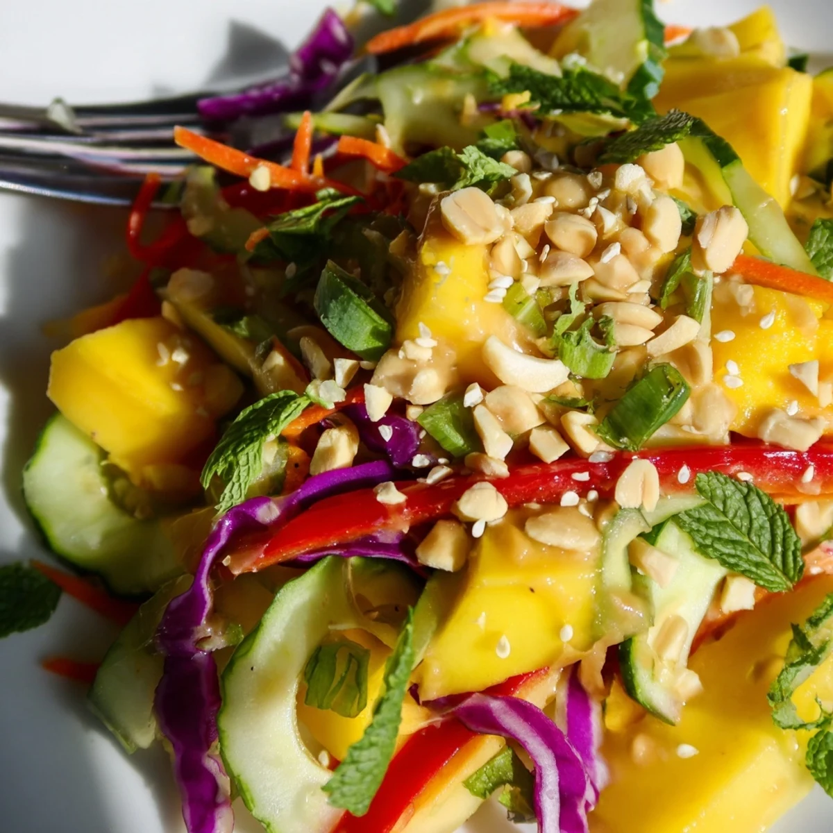 Fresh Thai Peanut Mango Veggie Salad with bright colors and creamy dressing.