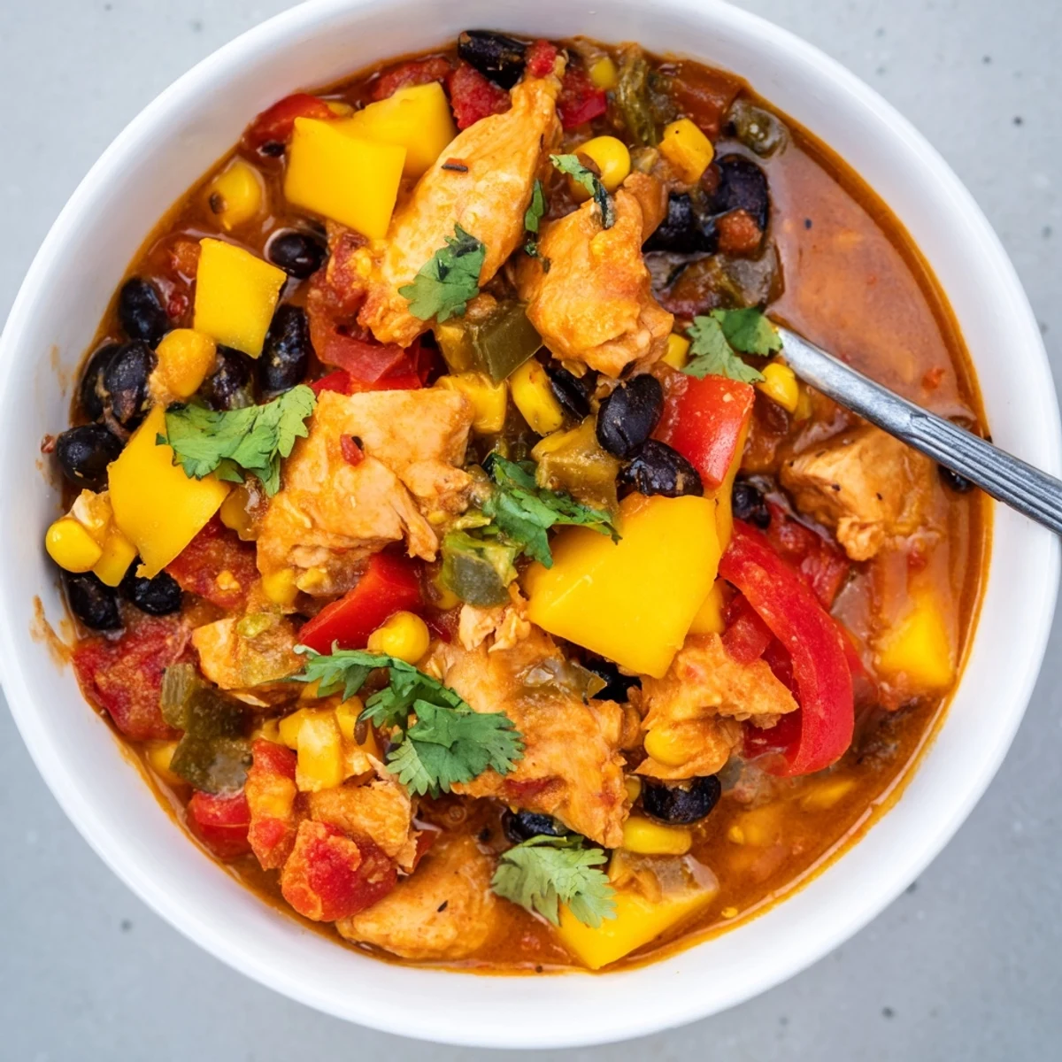Hearty Mango Southwest Chicken Chili, featuring juicy mango and tender chicken.  