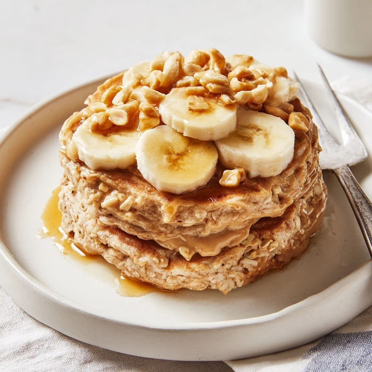 Golden-brown Peanut Butter Maple Oat Pancakes ready for a delicious breakfast experience.
