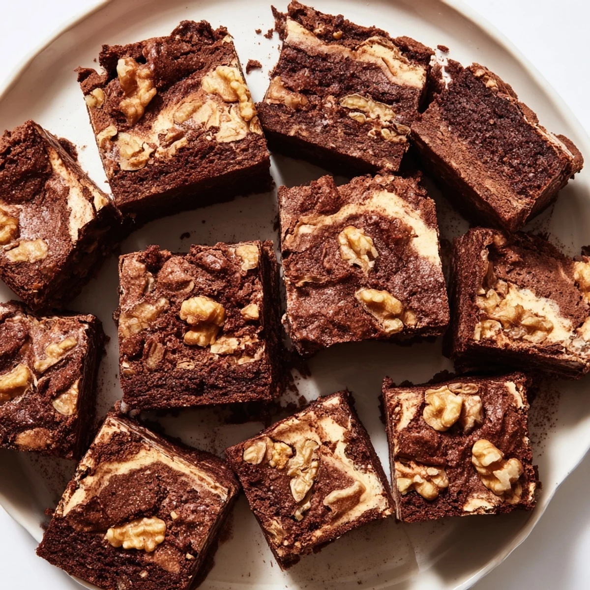 Rich Cinnamon Nut Ricotta Brownies topped with chopped nuts and a dusting of cocoa.  