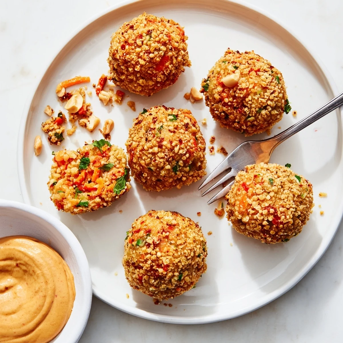 Golden brown Thai Peanut Fried Rice Balls garnished with fresh herbs, perfect for snacking.