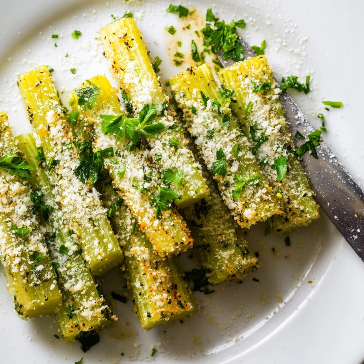 Delicious garlic Parmesan celery sticks garnished with parsley for extra flavor.