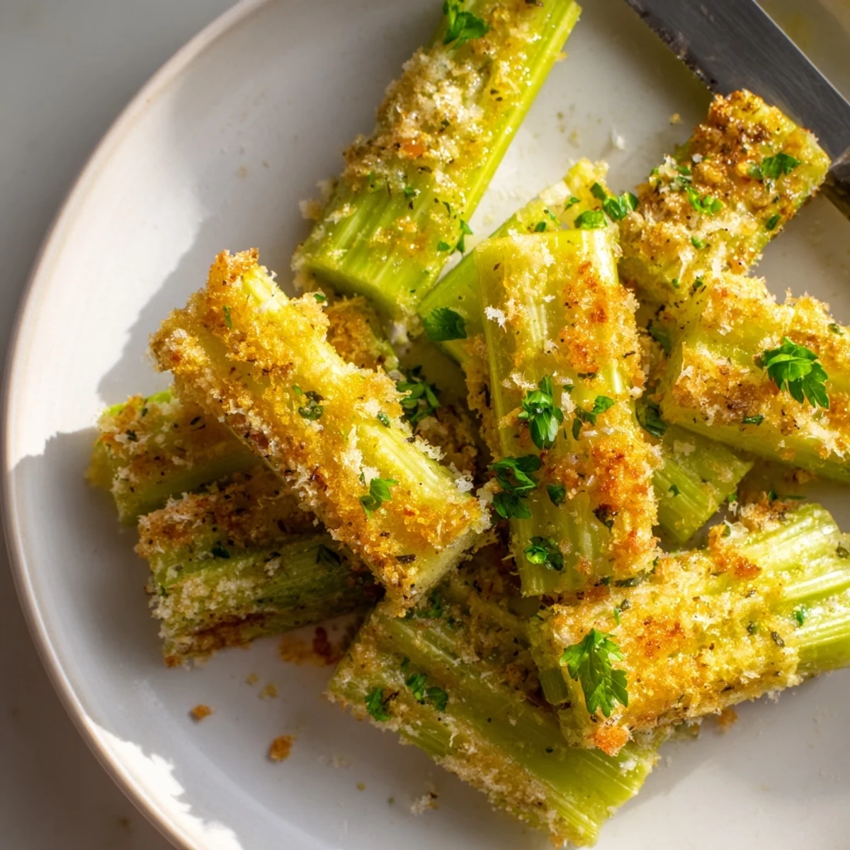 Savory garlic Parmesan celery sticks served warm, perfect for healthy snacking.