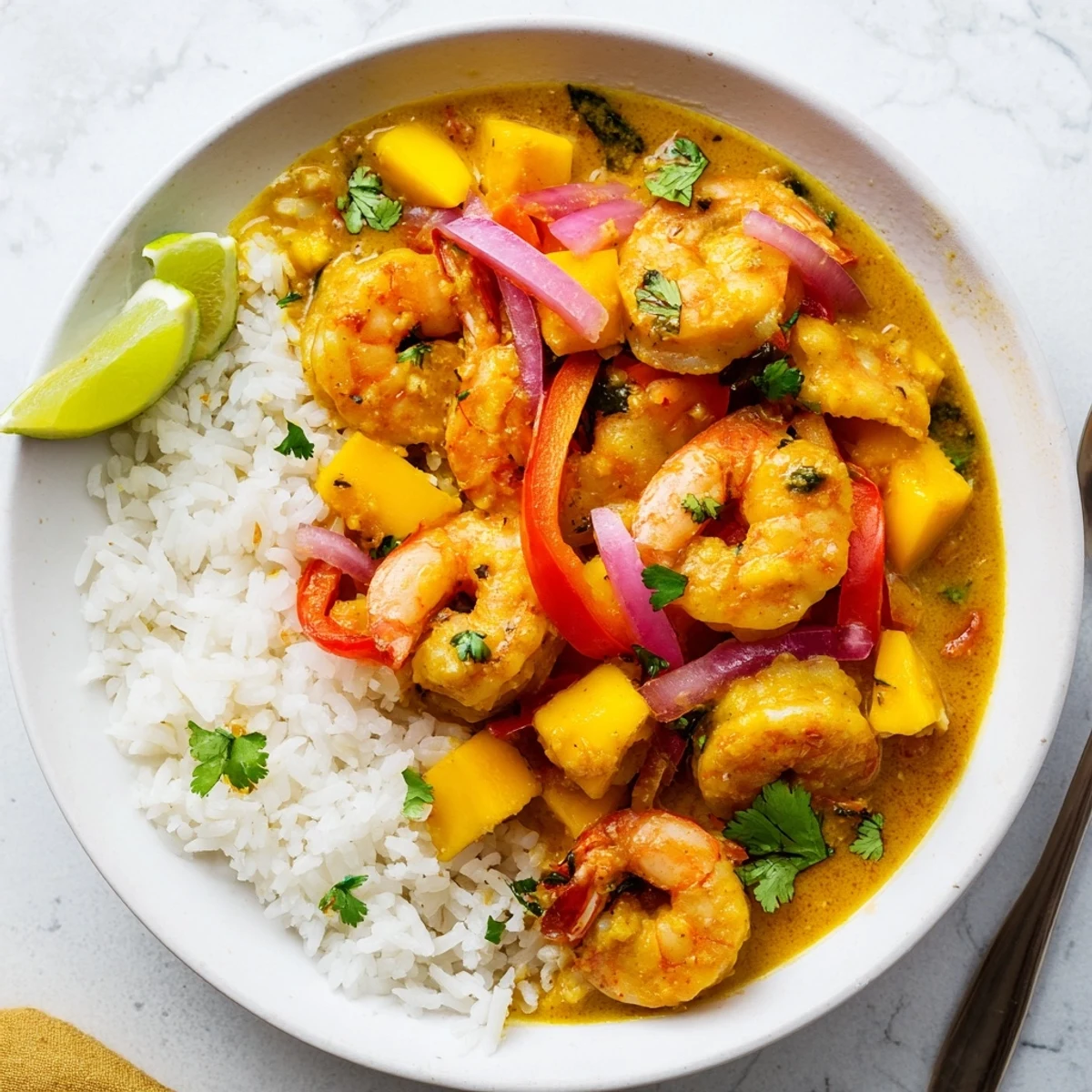 Vibrant shrimp and mango curry skillet garnished with cilantro and lime wedges.  