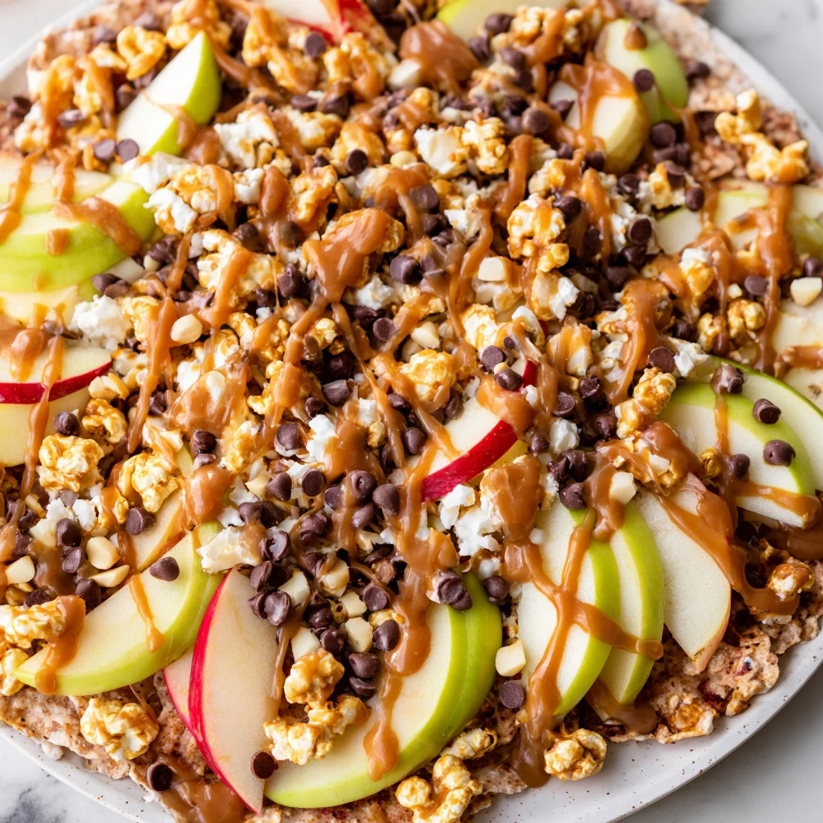 Crisp apple slices drizzled with caramel popcorn and chocolate for sweet nacho fun.