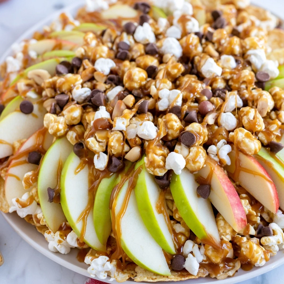Colorful caramel popcorn apple nachos topped with chocolate, perfect for dessert sharing.