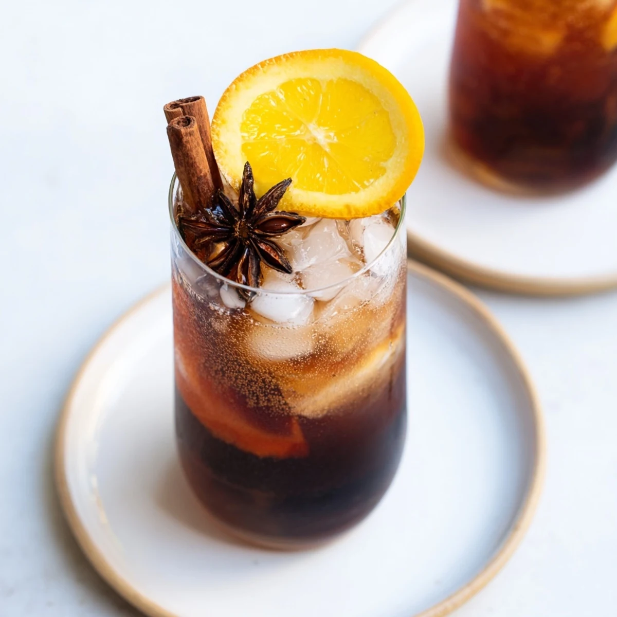 Chai fizz mocktail topped with orange slices and festive cinnamon sticks.