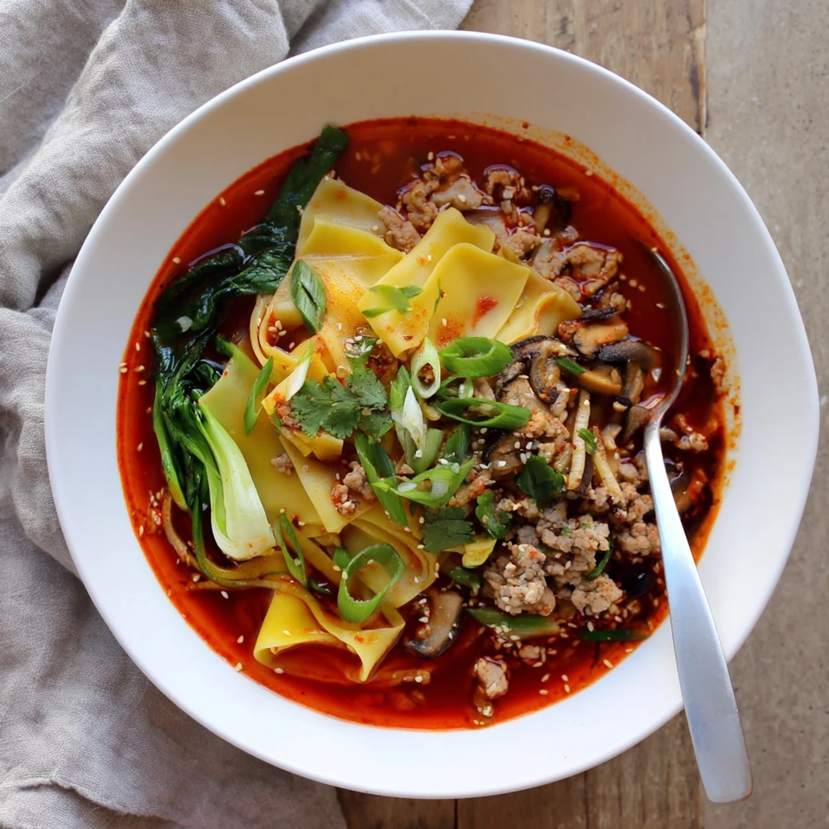 Savory Spicy Ramen-Inspired Lasagne Soup topped with fresh herbs and sesame seeds.