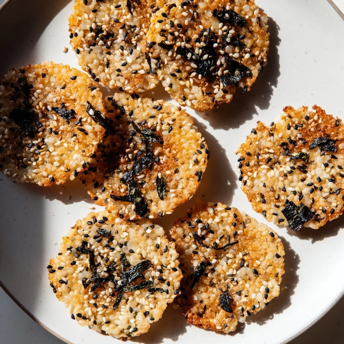 Savory seaweed and sesame rice crisps, ideal with hummus or dips.