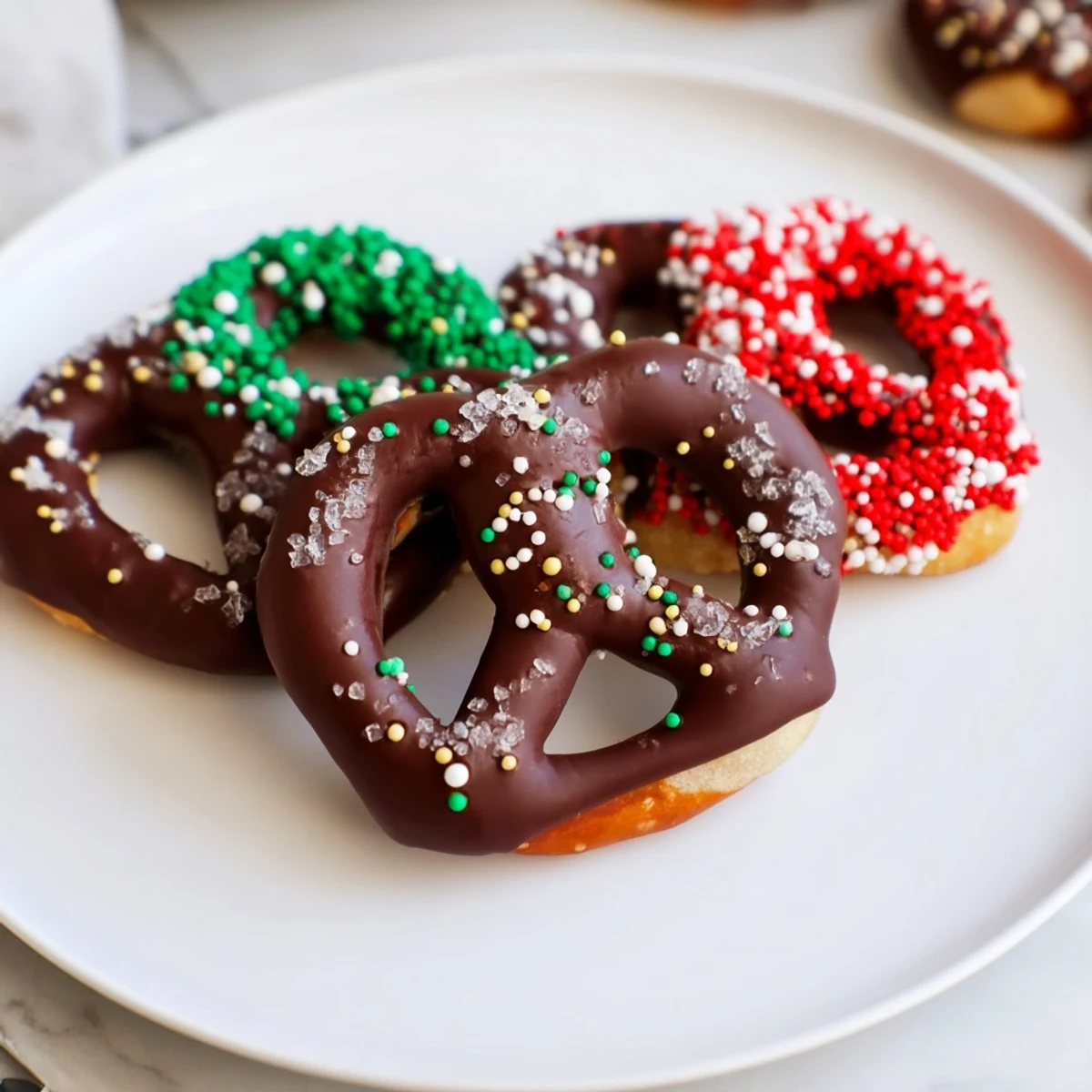 Buttery Festive Pretzel Christmas Cookies dipped in chocolate and adorned with vibrant sprinkles.