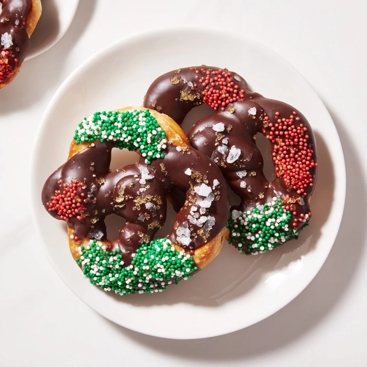 Colorful sprinkles atop sweet buttery Festive Pretzel Christmas Cookies, perfect for holiday gatherings.