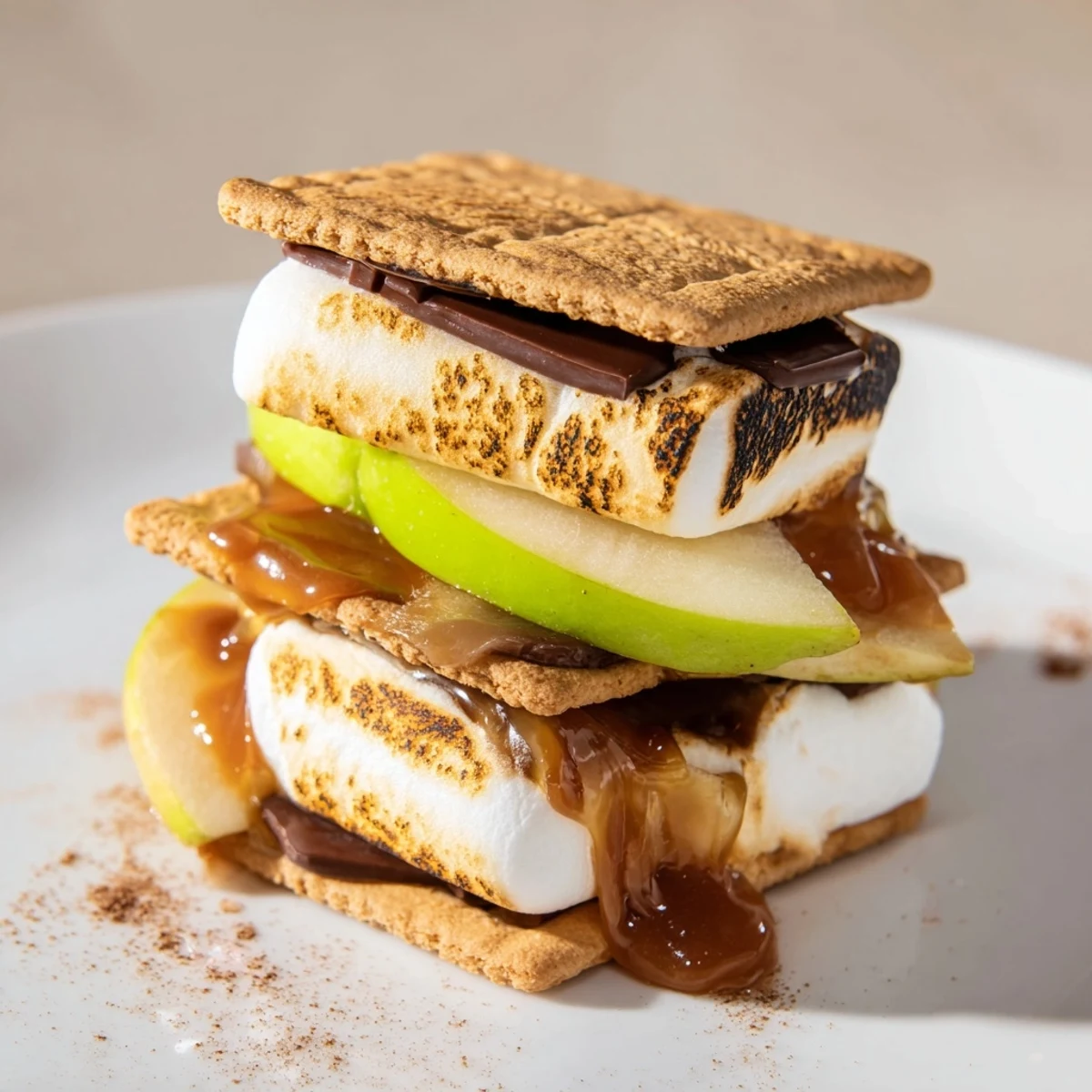 Gooey Caramel Apple S’mores Stack layered with marshmallows and chocolate drizzled with caramel.