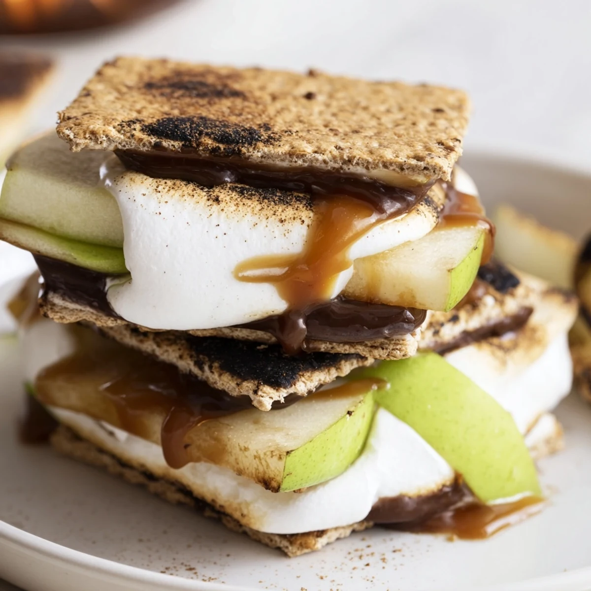 Delicious Caramel Apple S’mores Stack featuring warm, toasted marshmallows and crisp apples.