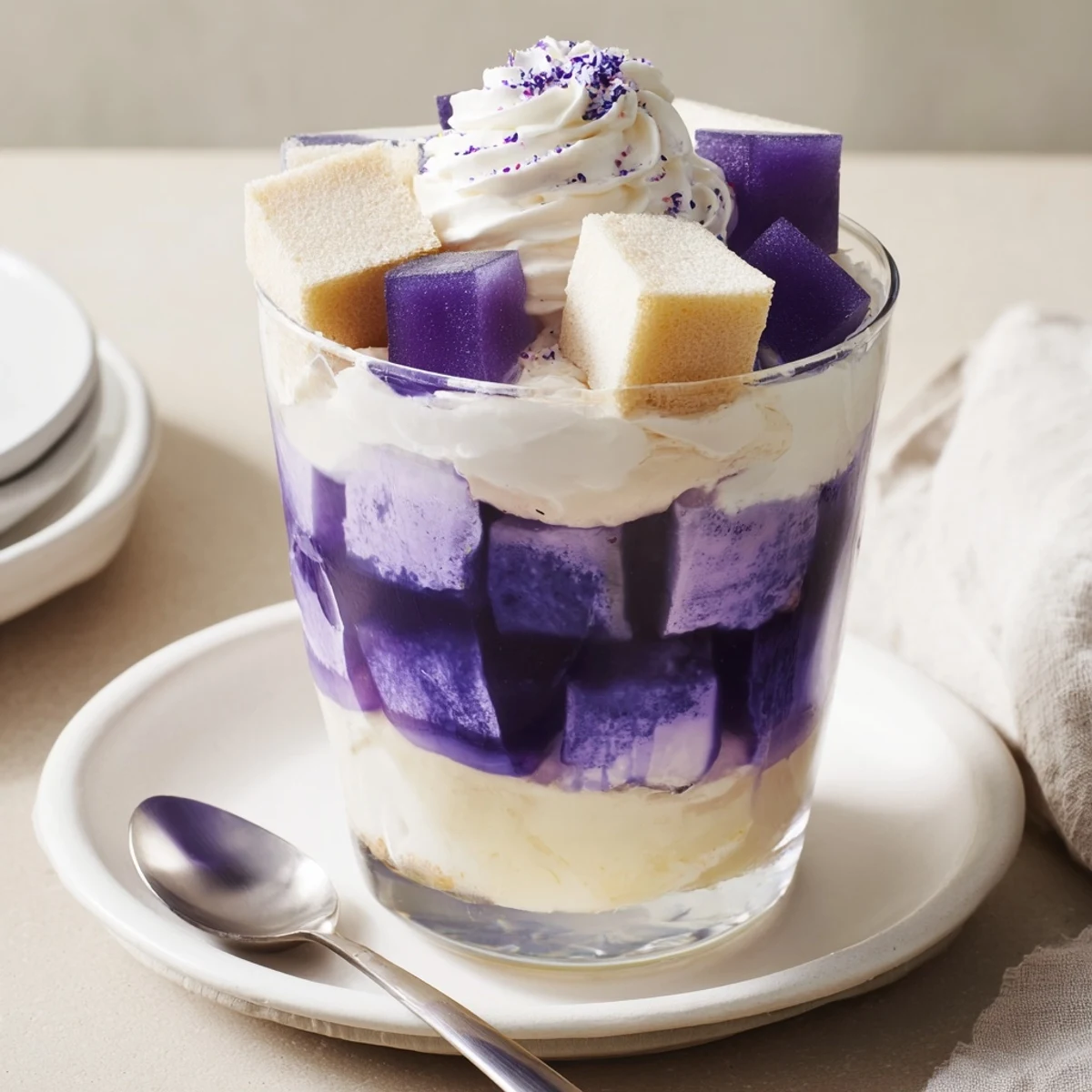 Vibrant ube milk jelly trifles layered with fluffy sponge cake and whipped cream.  