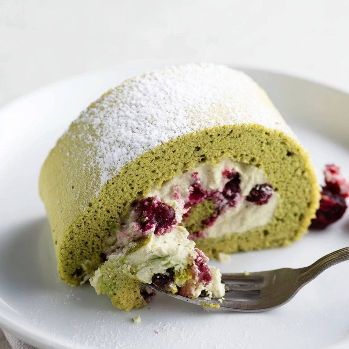 Light and airy Matcha Swiss Roll with tangy cranberry cream filling on a plate.