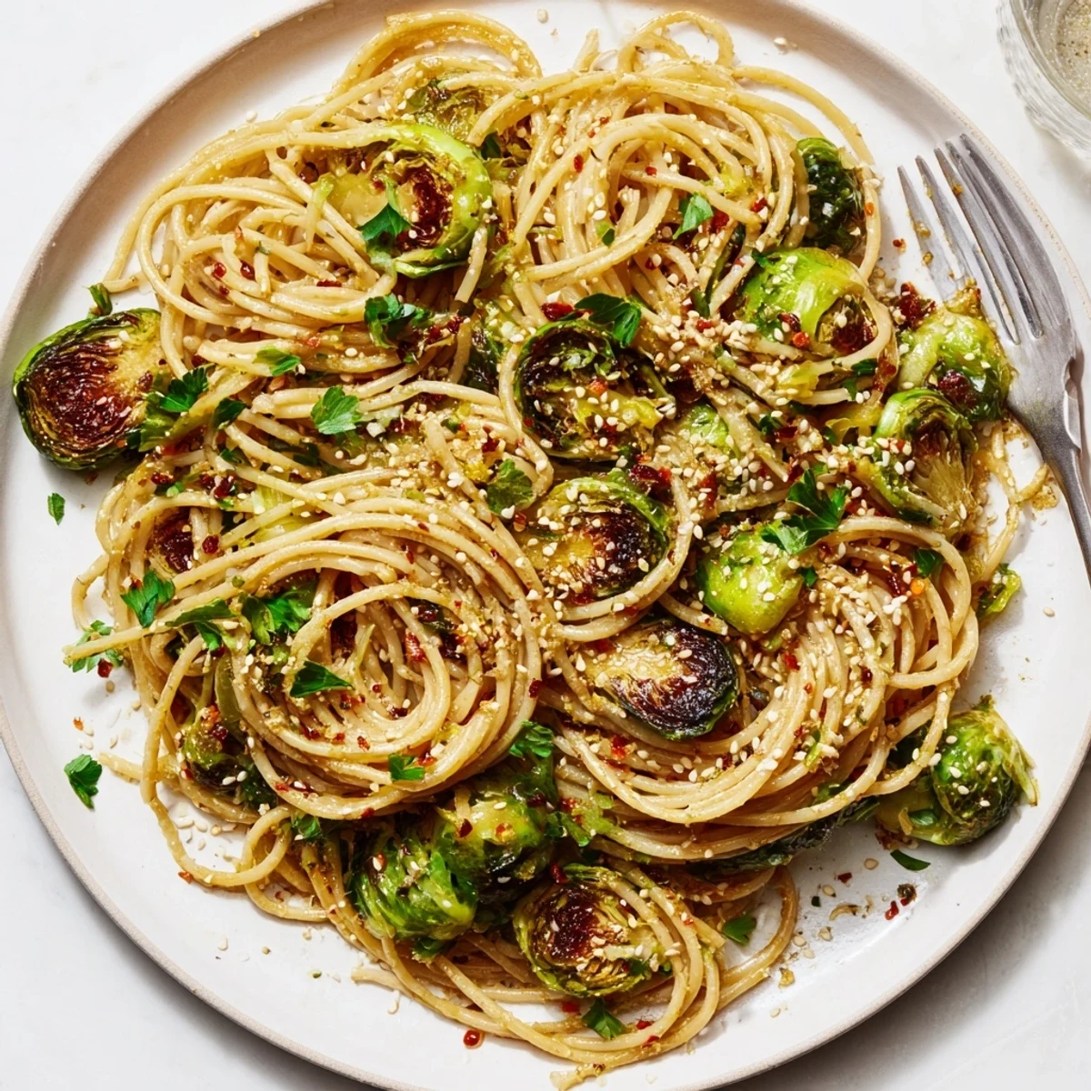 Vibrant Maple-Soy Roasted Brussels Sprouts Pasta topped with fresh herbs and toasted sesame seeds.