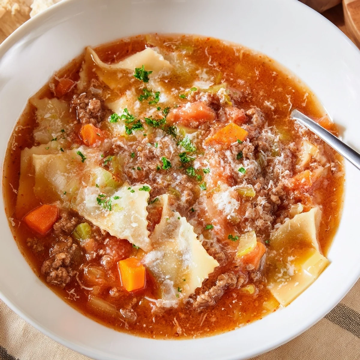 A comforting bowl of Gluten-Free Lasagne Soup with drizzled truffle oil.