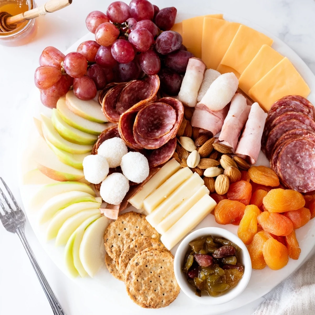 Vibrant platter featuring savory meats and cheeses alongside delightful mochi donut holes.
