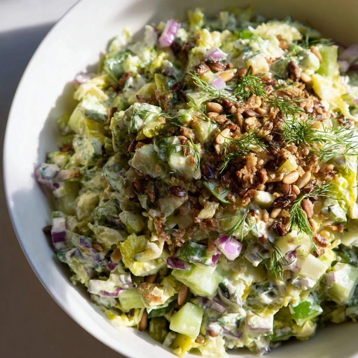 Fresh romaine, crunchy vegetables, and tangy dressing create the Dill Pickle Chopped Salad.