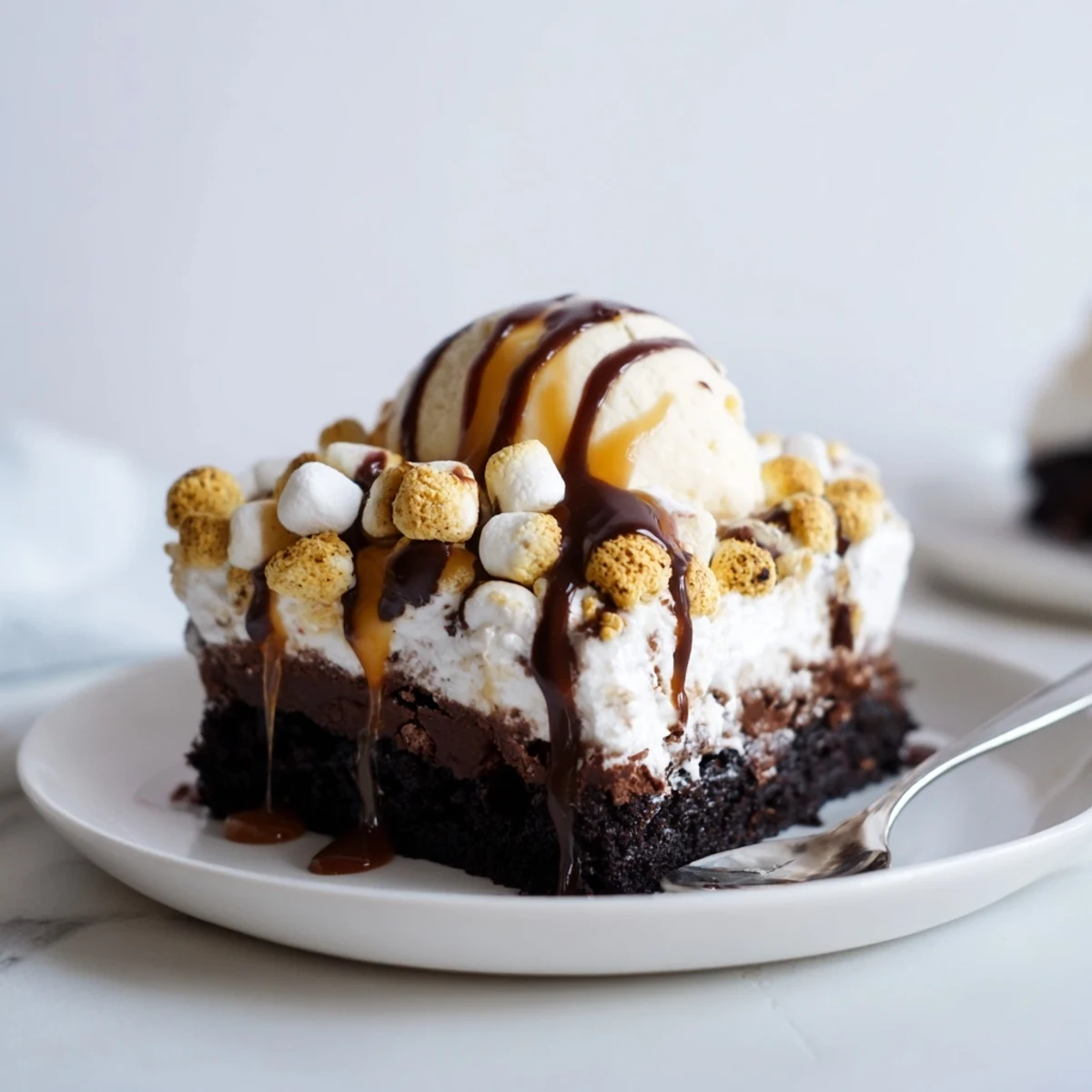 Decadent S’mores Soda Float Brownies topped with melting marshmallows and a chocolate drizzle.