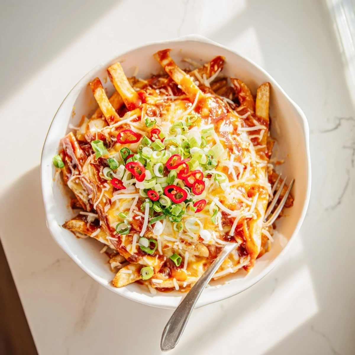 Crispy fries coated in sweet and spicy honey Sriracha sauce for a delicious appetizer.