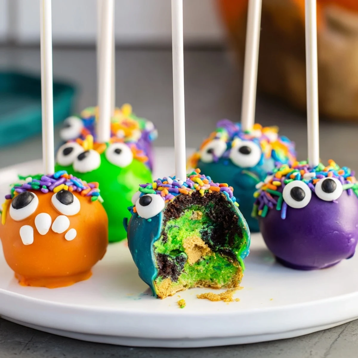 Whimsical salted caramel monster cake pops decorated in vibrant colors for Halloween parties.