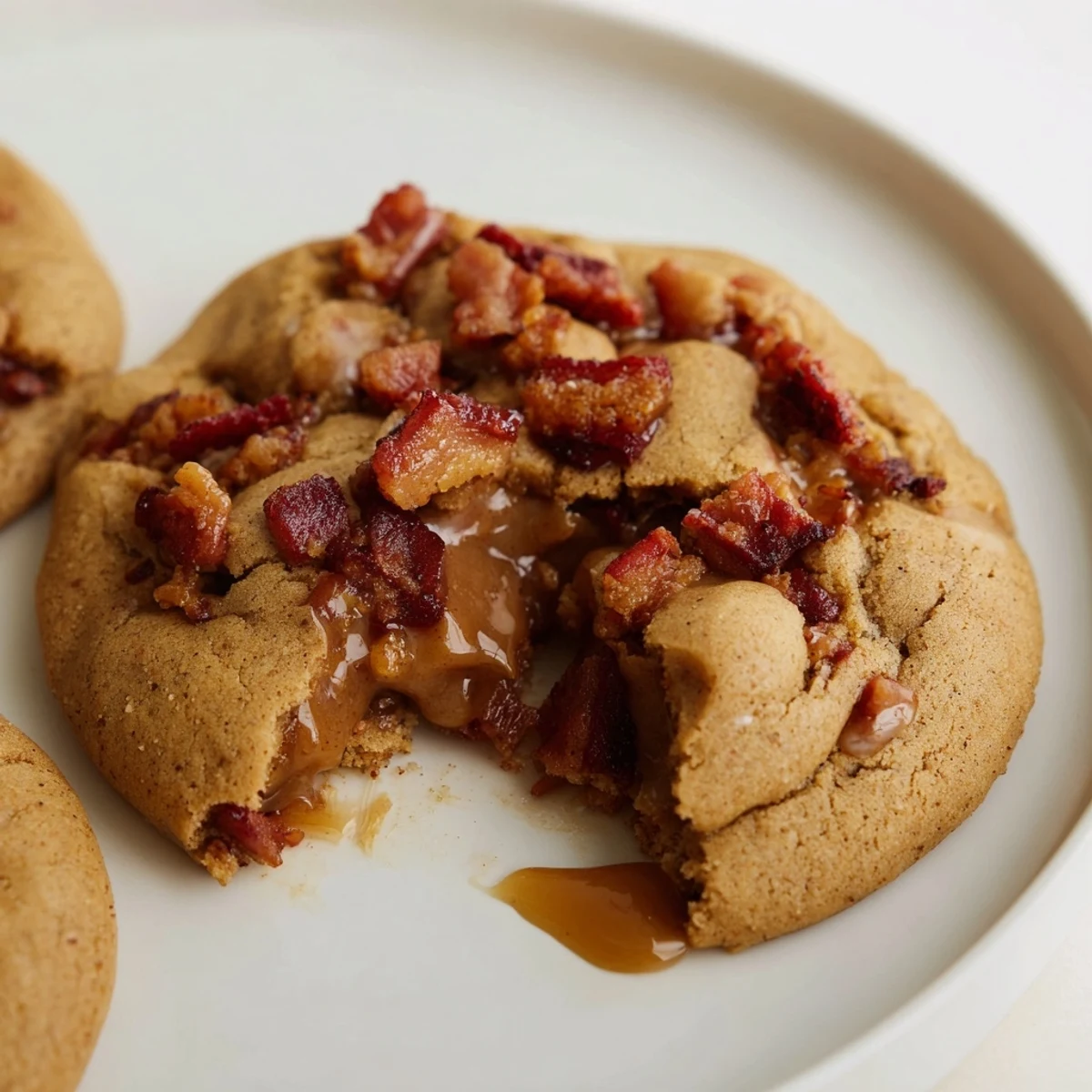 Deliciously unique chai maple bacon drop cookies garnished with a drizzle of syrup.