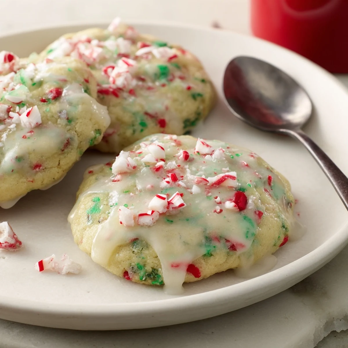 Festive peppermint candy soda float cookies featuring a vibrant glaze and crushed toppings.