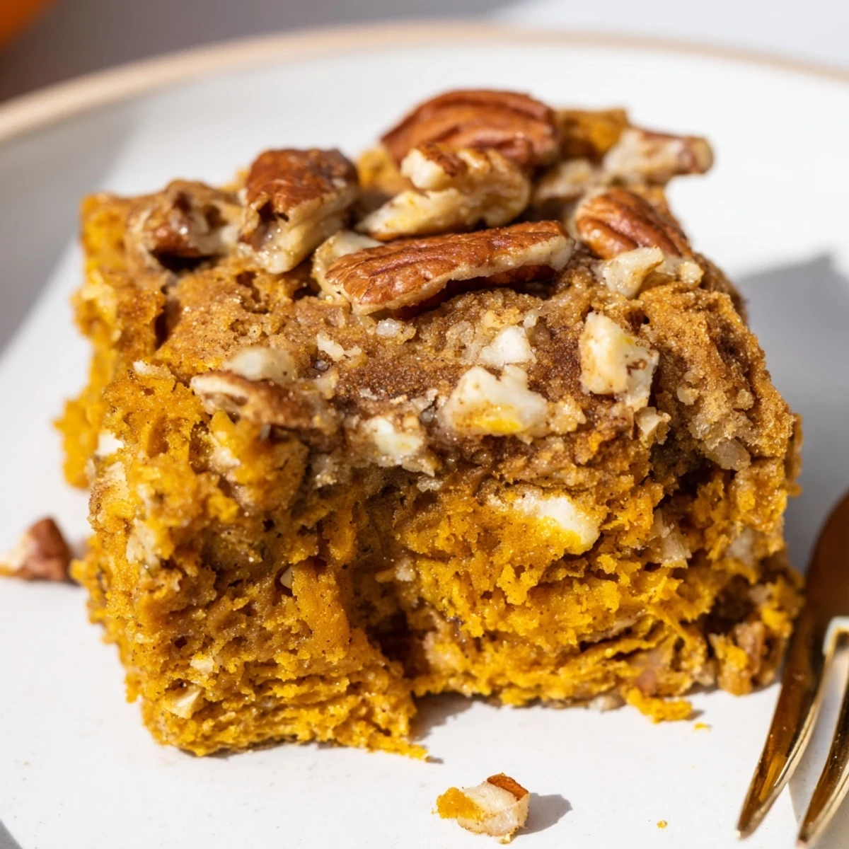 Savor rich Maple Bourbon Pumpkin Blondies topped with creamy vanilla ice cream delight.