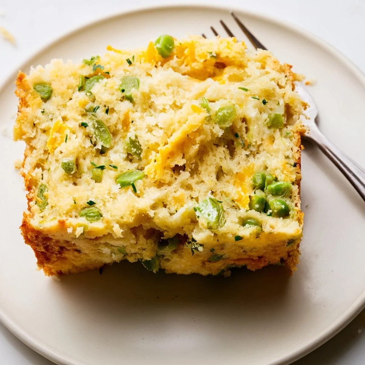 Sliced Snap Pea Cheddar Muffin Loaf topped with fresh chives and ready to serve.  