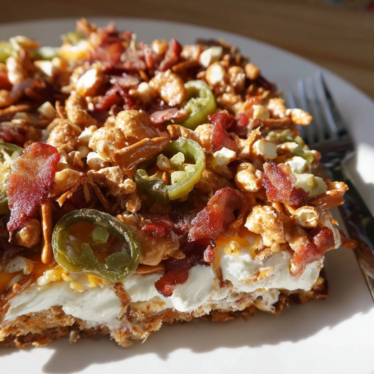 Savory Loaded Jalapeño Pretzel Sheet Cake topped with cream cheese and crispy bacon.